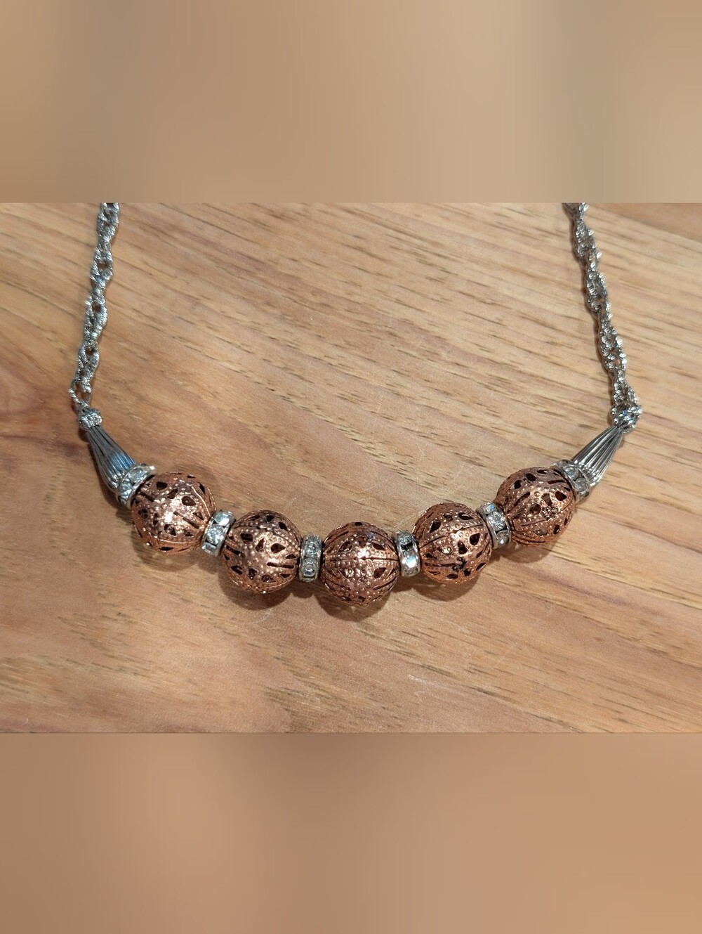 Rose Gold Filigree Bead Necklace with Crystal Spacers